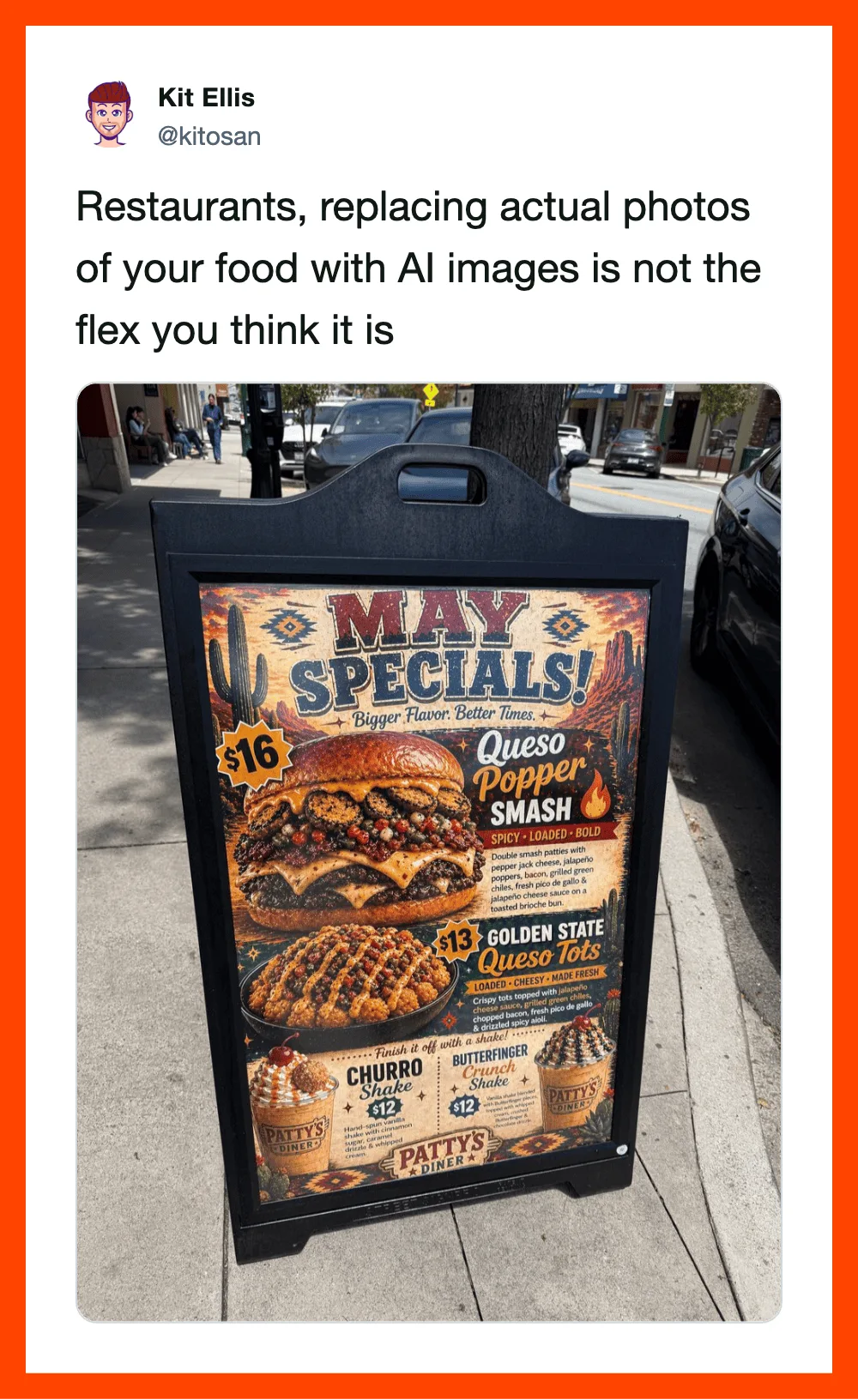 Restaurant sign advertising May specials with burgers, desserts, and prices.