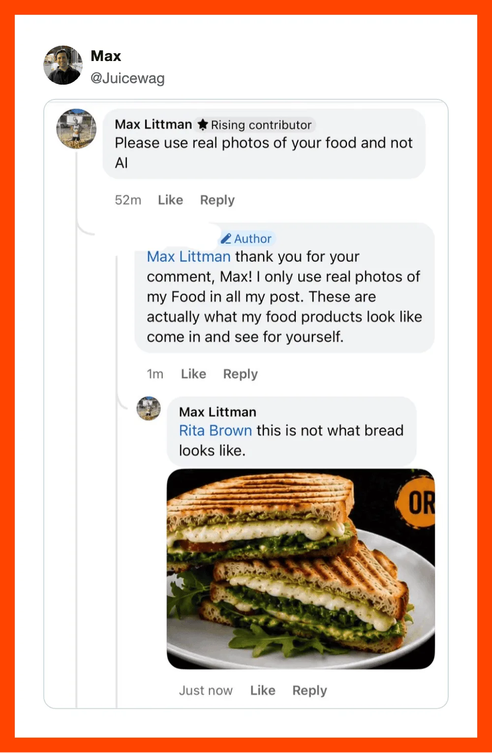 A sandwich with bread, lettuce, and other ingredients, with a comment about bread appearance.