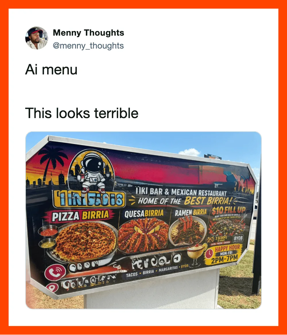 AI menu sign for Tiki Bar & Mexican Restaurant with pizza, quesadilla, ramen, and happy hour info.