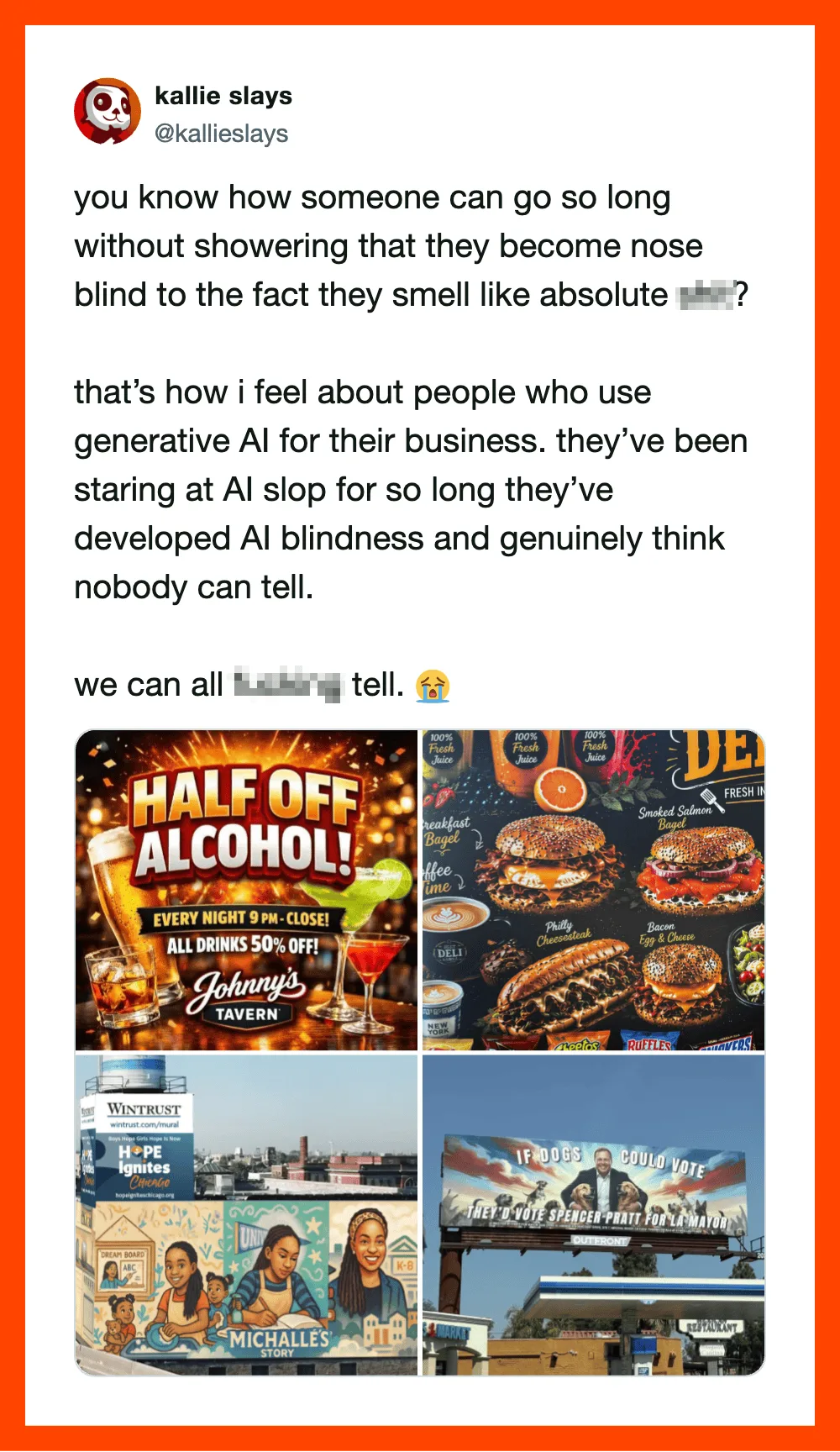 Social media post about AI and blindness, with images of food and advertisements.