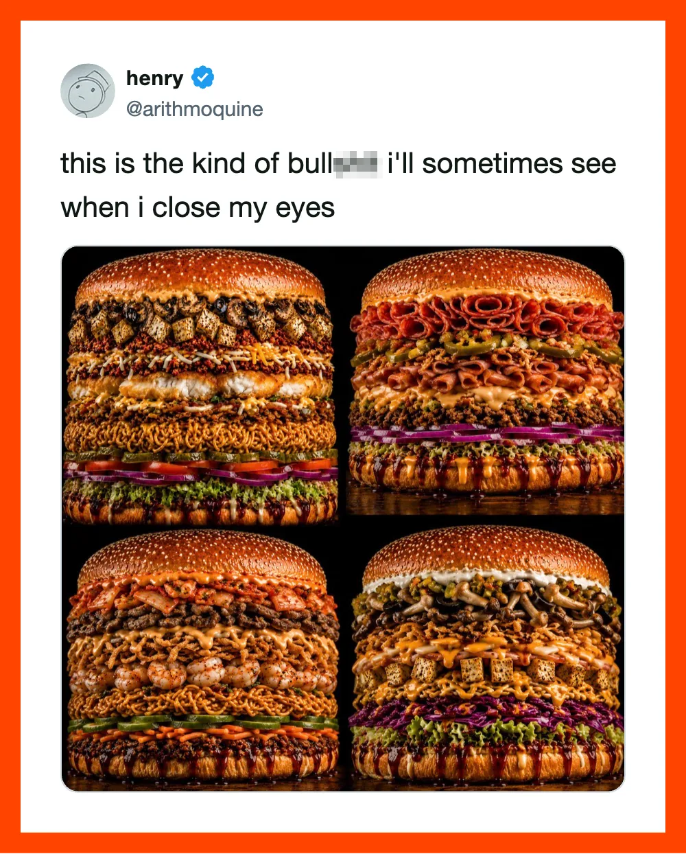 Four large, detailed burgers with various toppings on a black background.