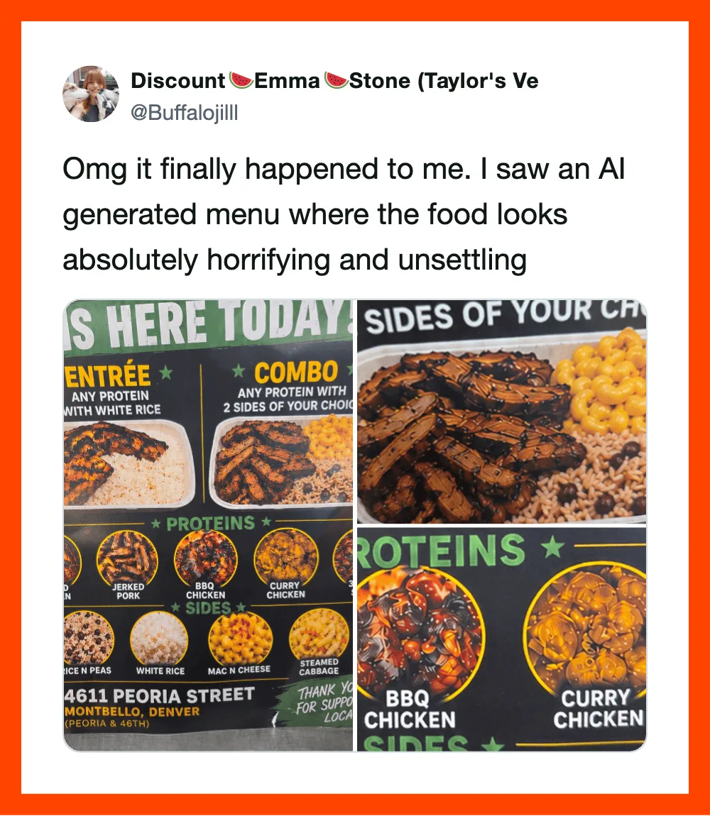 AI generated menu with photos of BBQ chicken, sides, and food descriptions.