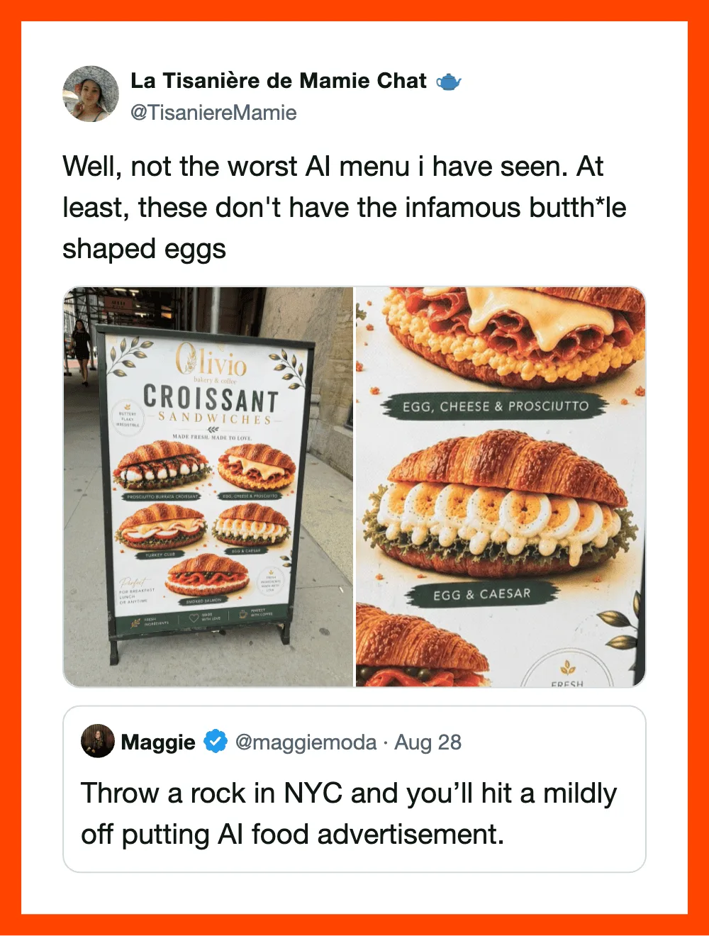 Signboard with AI-generated croissant sandwiches and a menu with egg, cheese, and prosciutto.