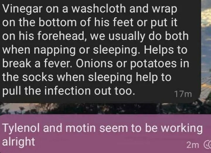 Text about vinegar, onions, potatoes, Tylenol, and motin for health.