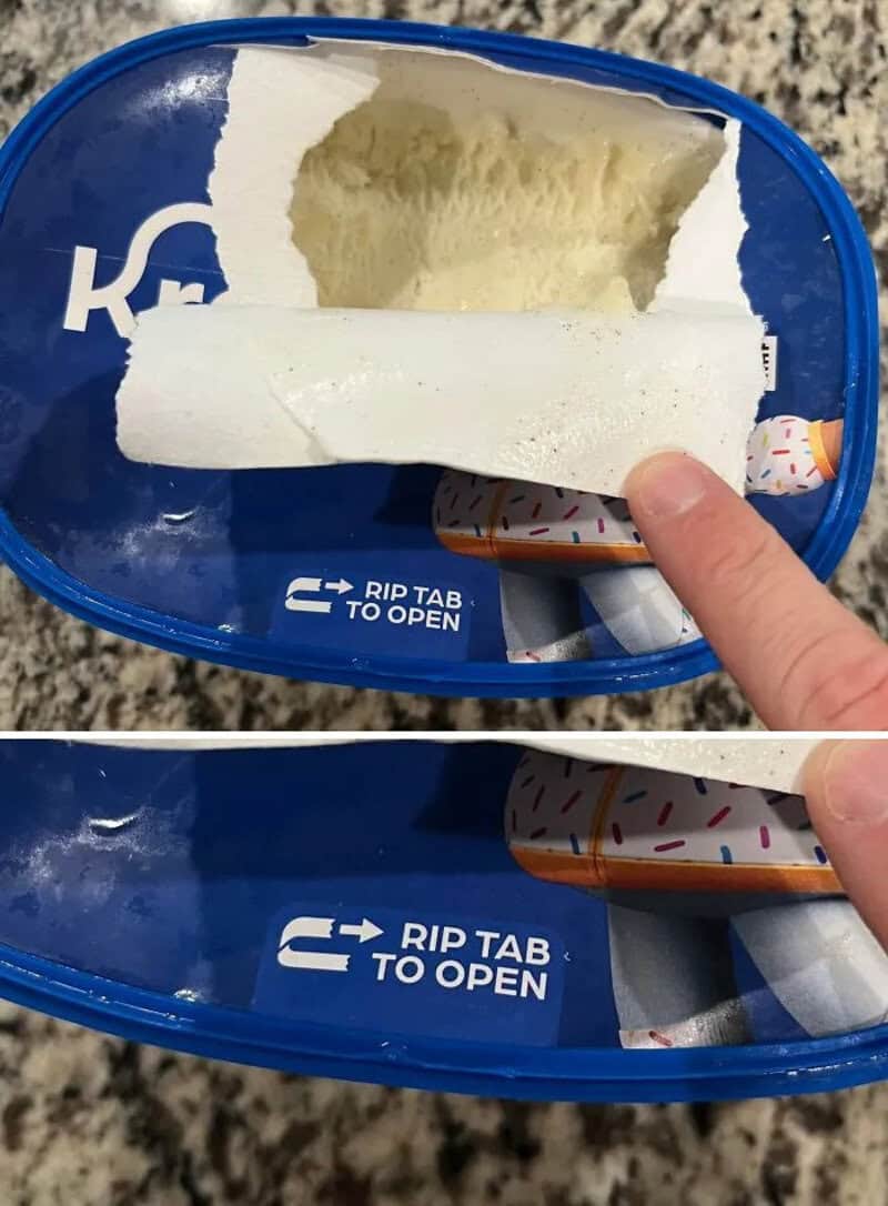 Person opening ice cream container with rip tab, showing vanilla ice cream inside.