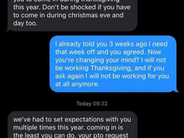 Text conversation about staffing and holiday plans between John and Brandon.