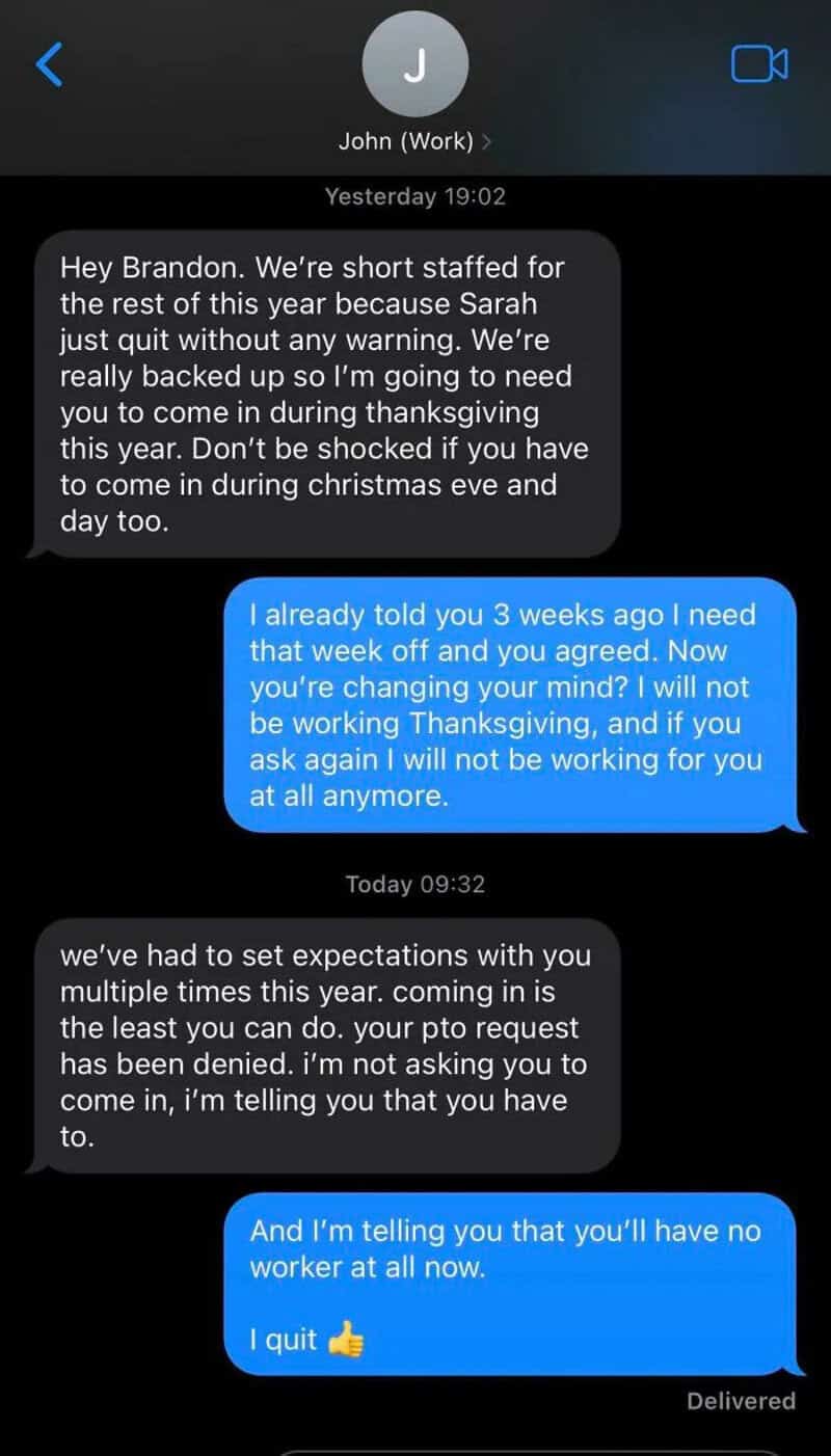 Text conversation about staffing and holiday plans between John and Brandon.
