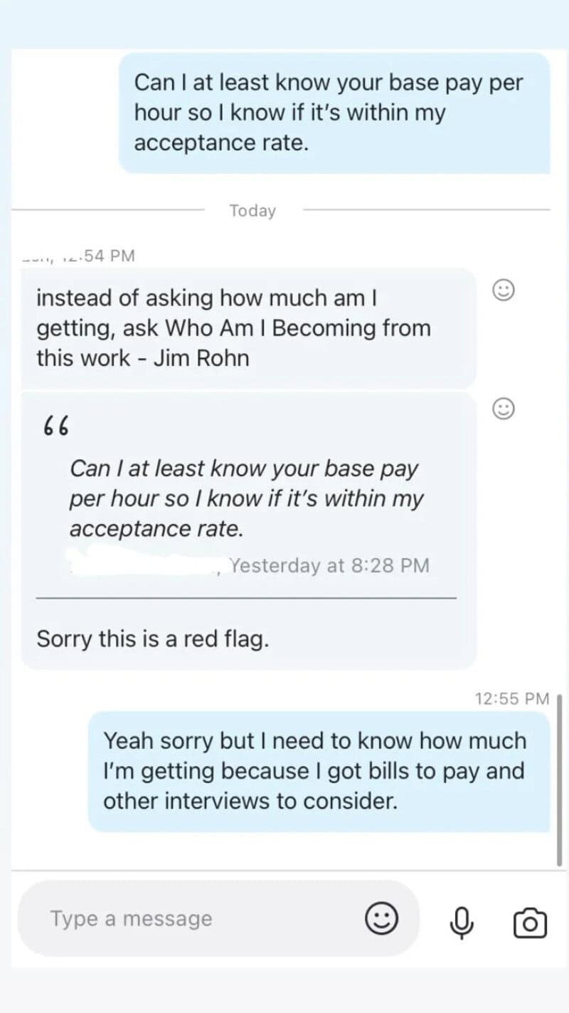 Text conversation about base pay, acceptance rate, and bills.