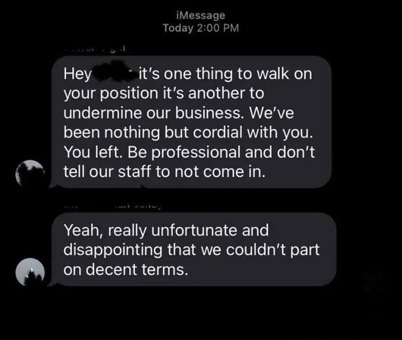 Text message conversation about professionalism and business conduct.