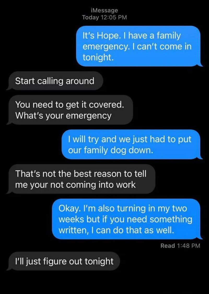 Text message conversation about family emergency and dog care.