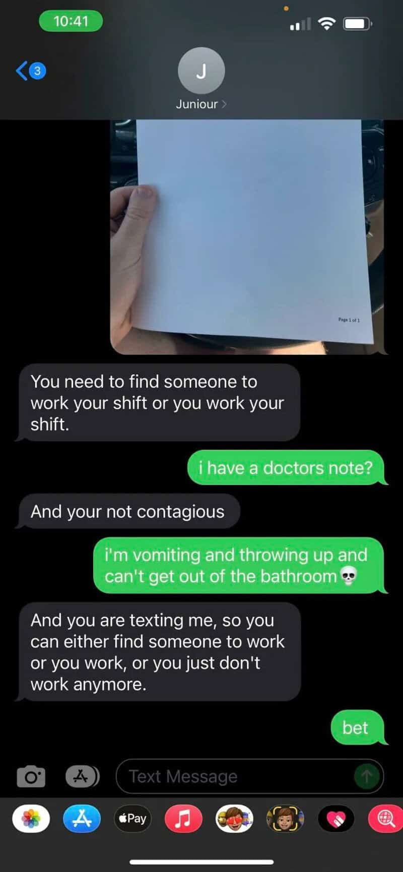 Text message conversation about work and health, including vomiting and bathroom issues.