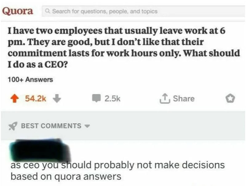 Quora question about employees leaving work at 6 pm and CEO advice.