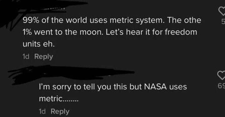 Screenshot of a social media comment discussing the metric system and NASA.