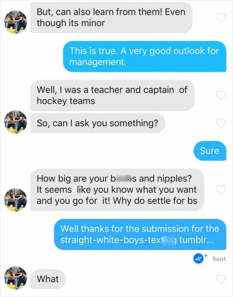 Text conversation about learning from minors and personal questions.