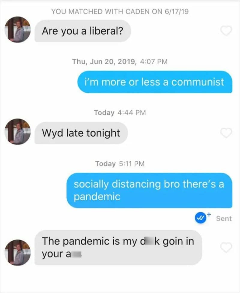 Text conversation about politics and pandemic, with humorous typo.