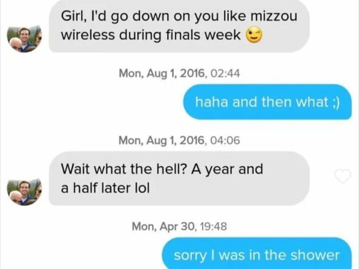 Text conversation about wireless during finals week and a shower apology.