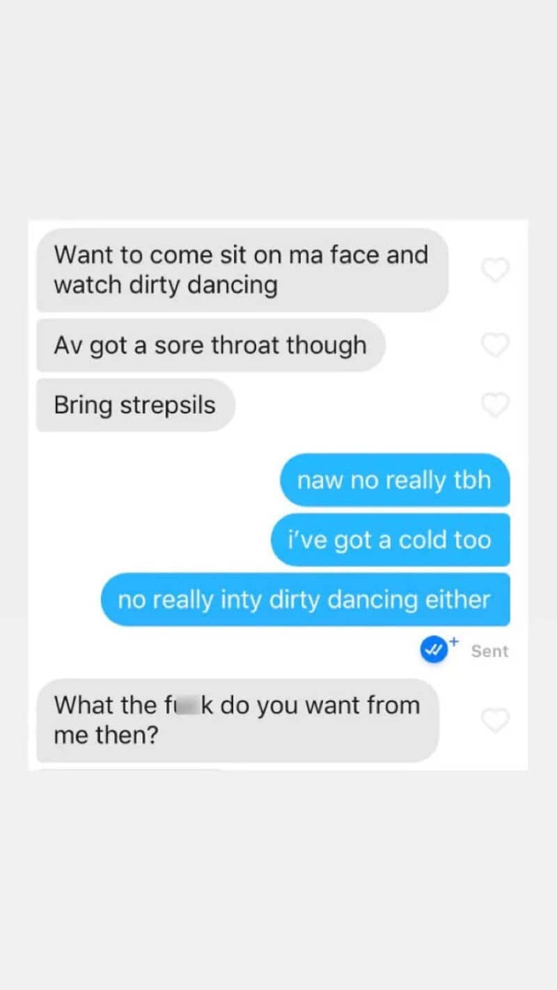 Text conversation about a sore throat and dancing, with humorous comments.
