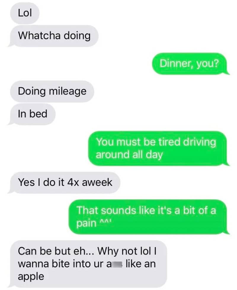 Text conversation about dinner, mileage, and tiredness, with humorous comments.