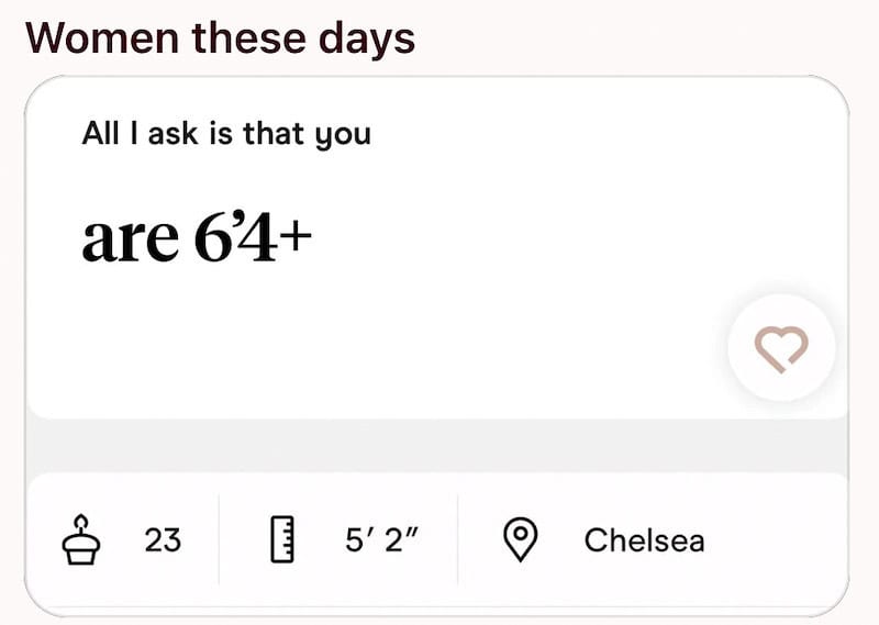 Profile card showing age 64+, Chelsea location, 23 followers, 5'2" height.