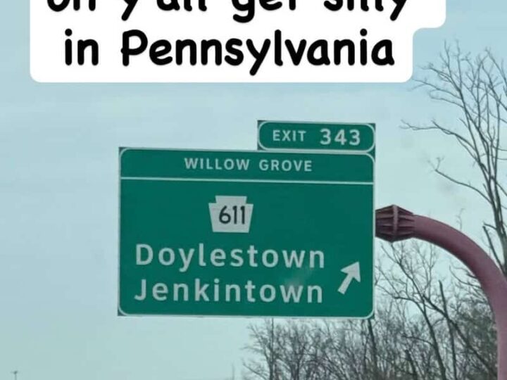 Sign pointing to Doylestown and Jenkintown in Pennsylvania with humorous caption.