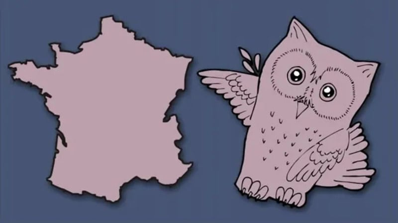 Map of France and a cartoon owl with wings spread wide.
