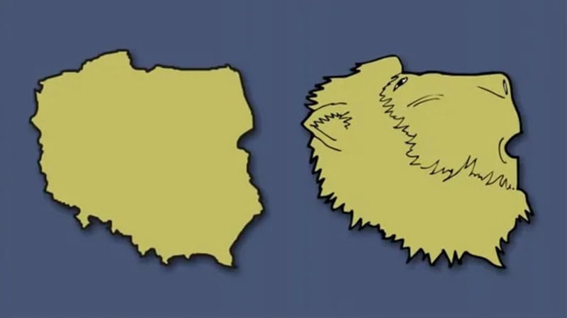 Poland and Belarus shaped like a bear and a pig.