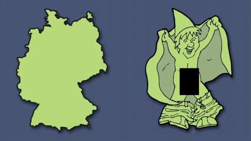 Map of Germany and cartoon witch with a black rectangle on her stomach.