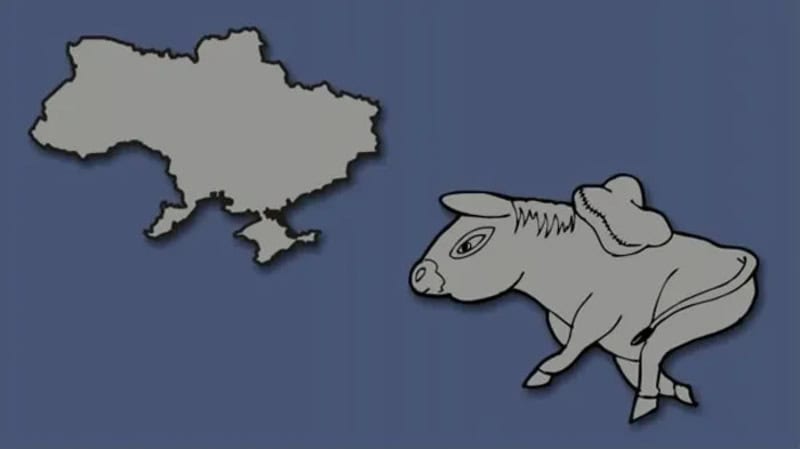 A map of Ukraine and a drawing of a rabbit with a hat.