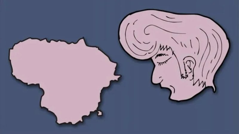 Illustration of a woman's face looking at the shape of Lithuania.
