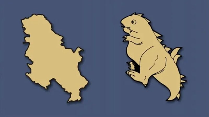 Map of Iran and a cartoon dinosaur resembling Iran's shape.