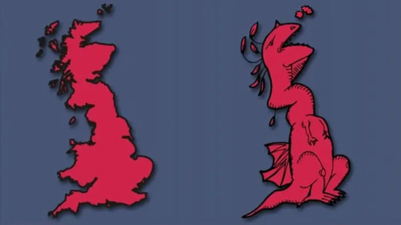 Map of the UK and a cartoon dragon with UK shape as body.