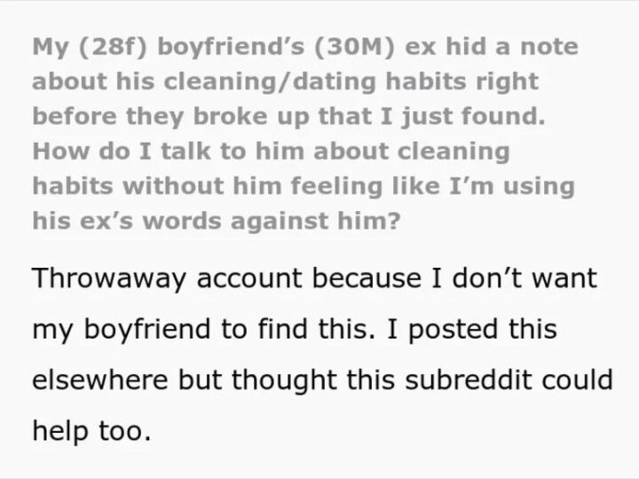 Note about cleaning habits found by girlfriend from boyfriend's ex.