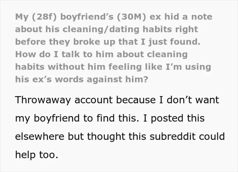 Note about cleaning habits found by girlfriend from boyfriend's ex.