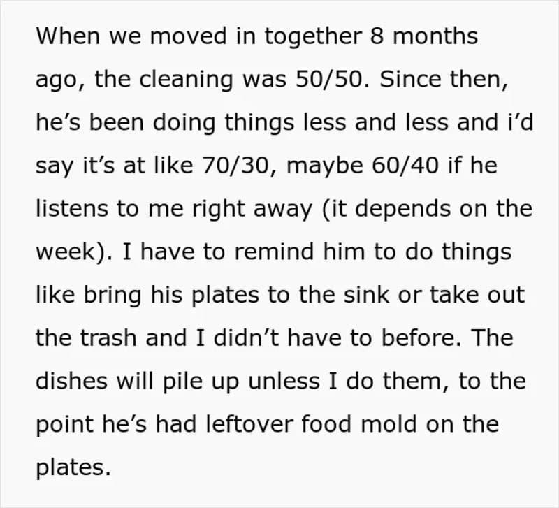 Text about moving, cleaning, and leftover food mold on plates.