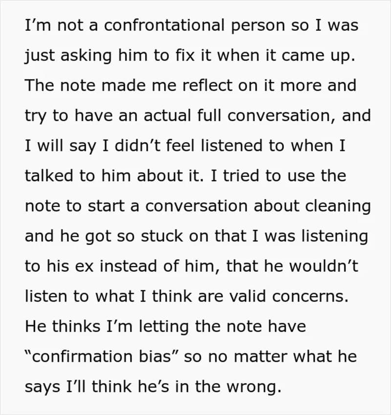 Note from her boyfriend about confirmation bias, with handwritten notes.