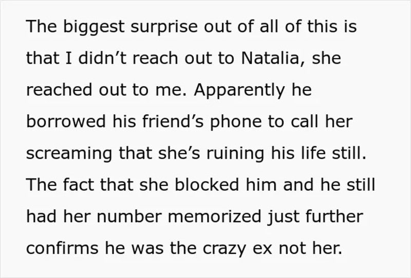 Text about a surprise involving Natalia and her ex, with phone details.