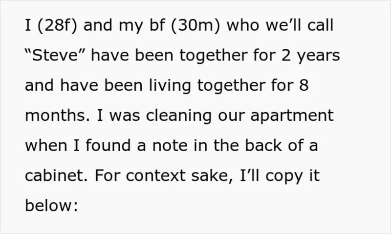 Note found in a cabinet back, from ex-girlfriend of woman’s boyfriend.