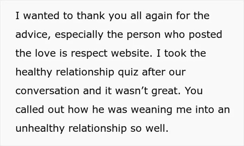 Text from a message thanking for relationship advice and mentioning a quiz.