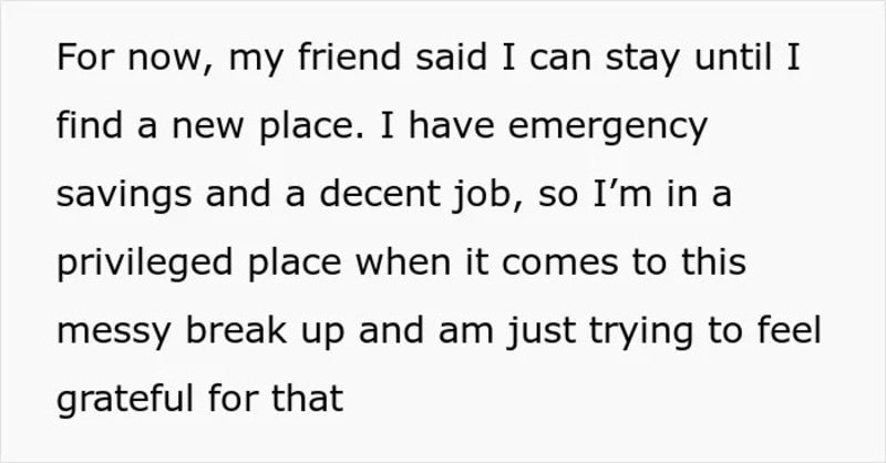 Text about a friend staying until she finds a new place and feeling grateful.