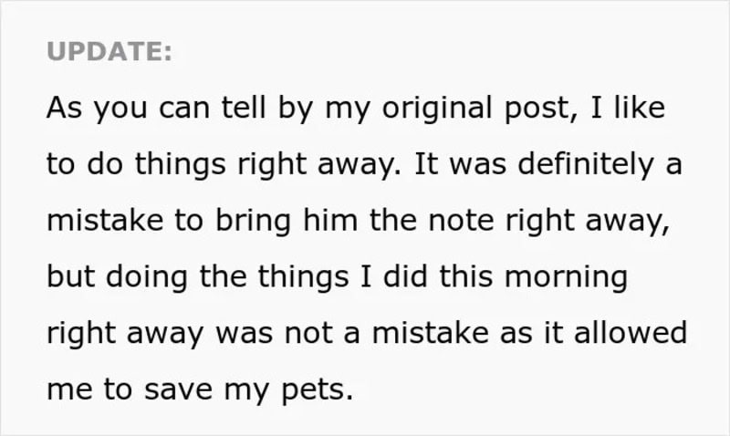 Text about doing things right away and saving pets, from a social media post.