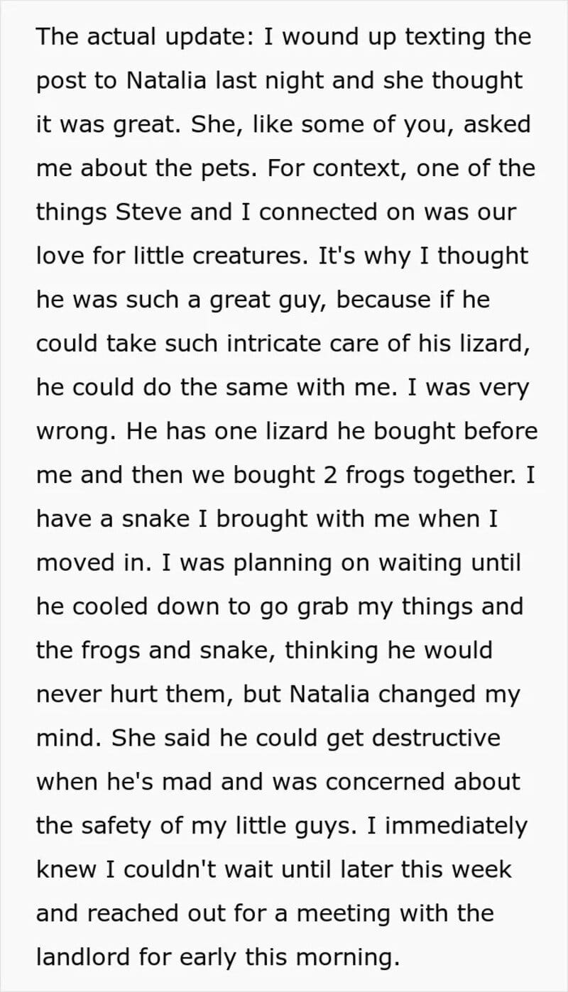 Text about texting Natalia and caring for lizards and frogs.