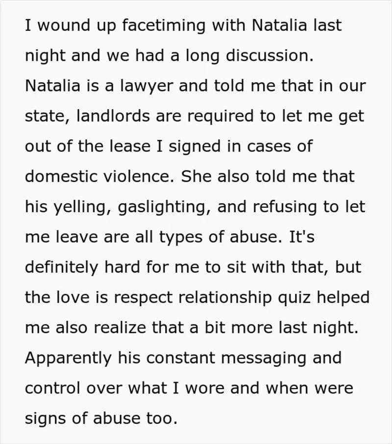 Text about Natalia and her abusive relationship, including landlord issues and signs of abuse.