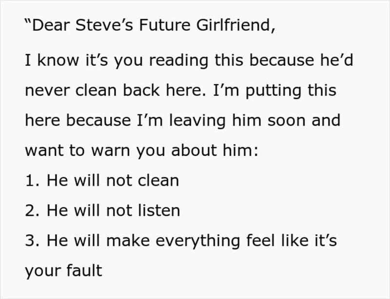 Letter warning Steve's future girlfriend about his behavior.