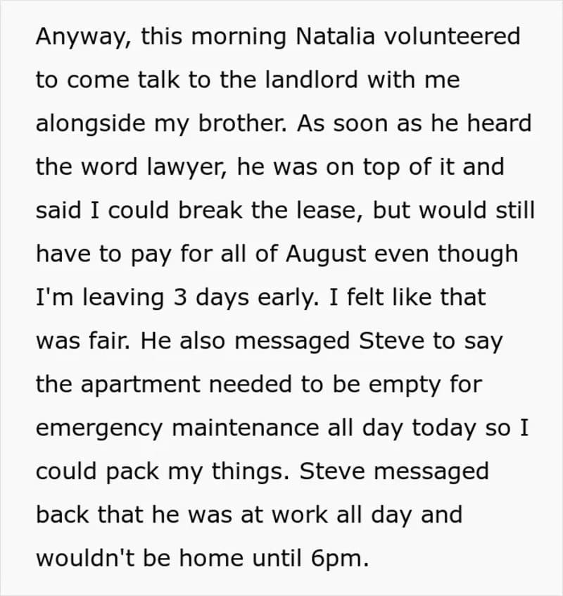 Text about Natalia volunteering, landlord, and apartment issues.