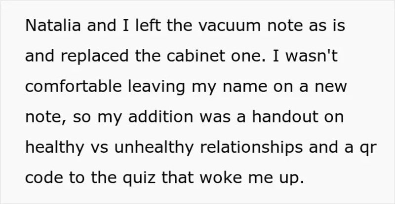 Note about replacing a cabinet and leaving a note with a QR code.