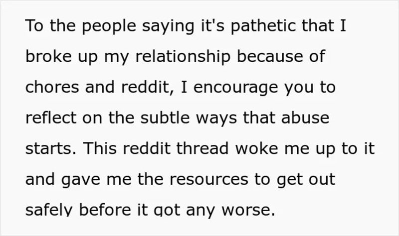 Text about breaking up due to chores and Reddit, encouraging reflection on abuse.