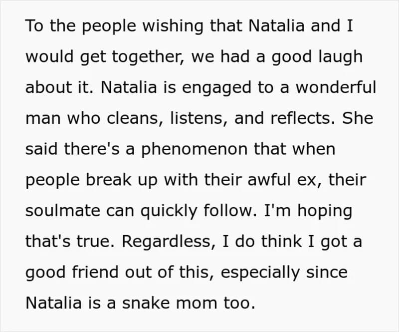 Text about Natalia and a breakup, mentioning a good laugh and a snake mom.