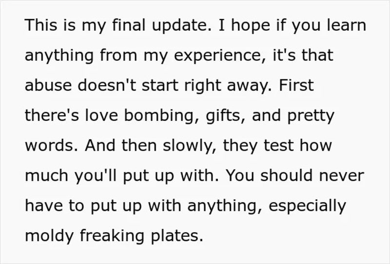 Final update message about abuse, love bombing, gifts, words, and moldy plates.