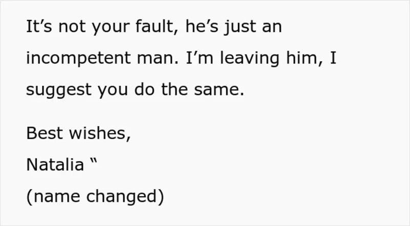A note from Natalia saying he's an incompetent man and she's leaving him.