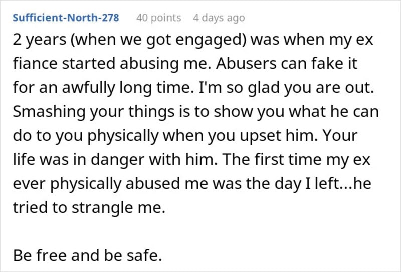 Text about abuse and personal safety from a woman, mentioning her ex and past abuse.